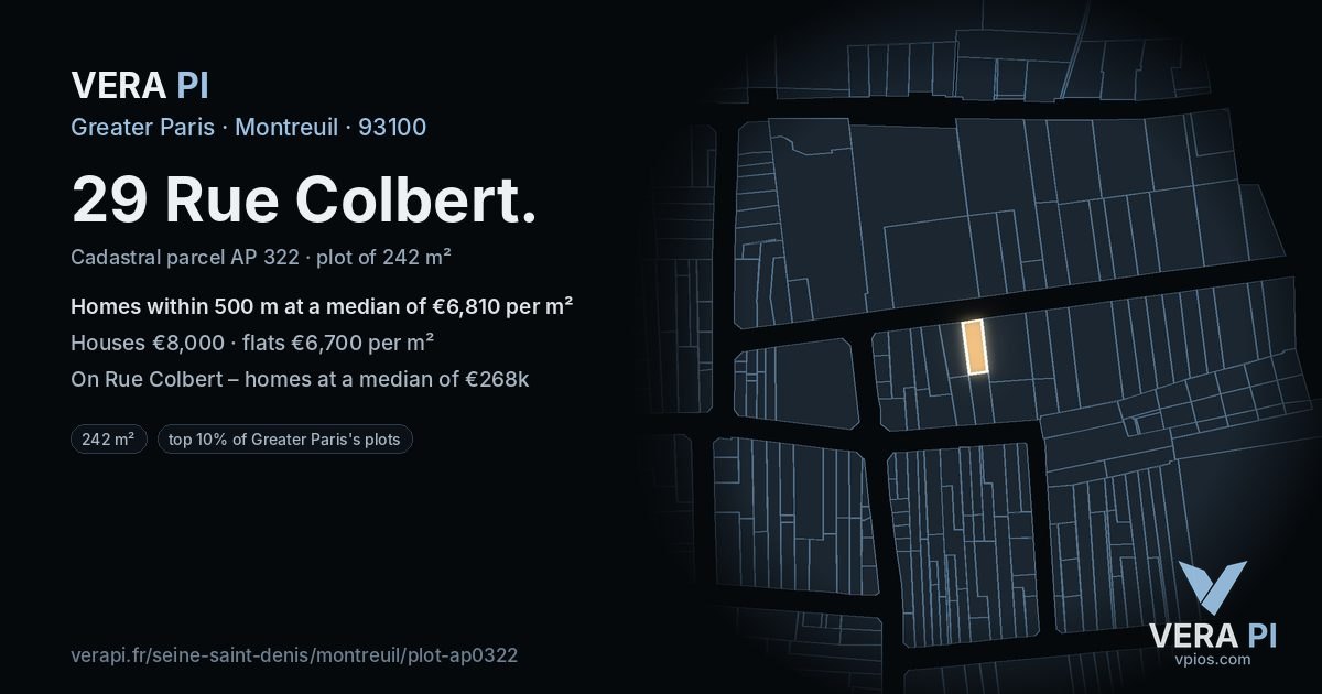 29 Rue Colbert, Montreuil at night – the plot lit, the parcels around coloured by the prices near them