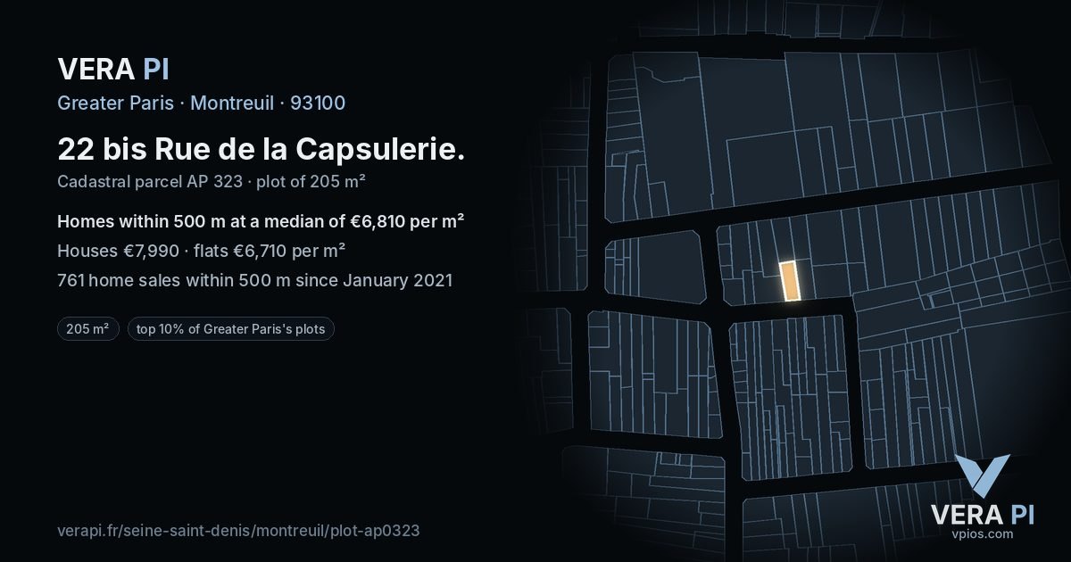 22 bis Rue de la Capsulerie, Montreuil at night – the plot lit, the parcels around coloured by the prices near them