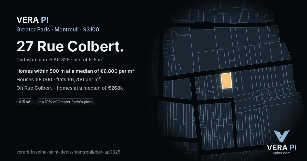 27 Rue Colbert, Montreuil at night – the plot lit, the parcels around coloured by the prices near them