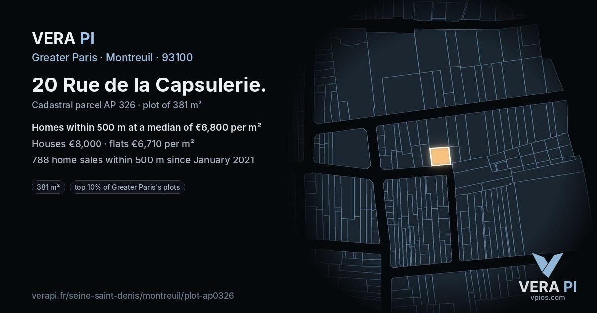 20 Rue de la Capsulerie, Montreuil at night – the plot lit, the parcels around coloured by the prices near them