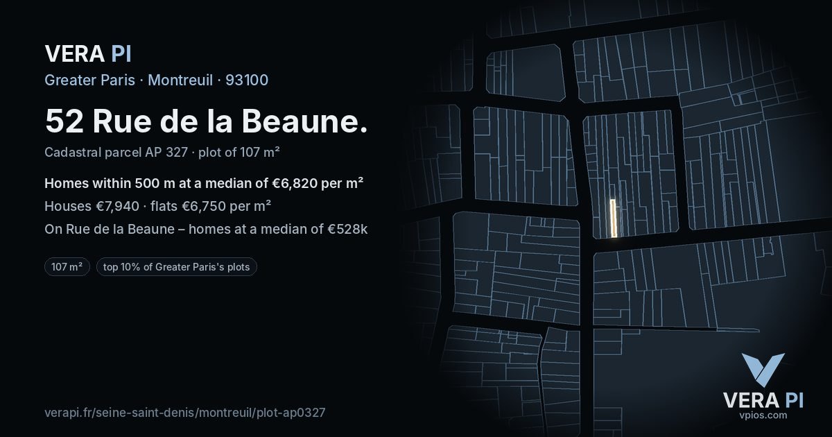 52 Rue de la Beaune, Montreuil at night – the plot lit, the parcels around coloured by the prices near them