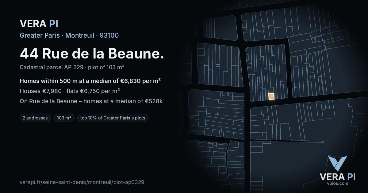 44 Rue de la Beaune, Montreuil at night – the plot lit, the parcels around coloured by the prices near them
