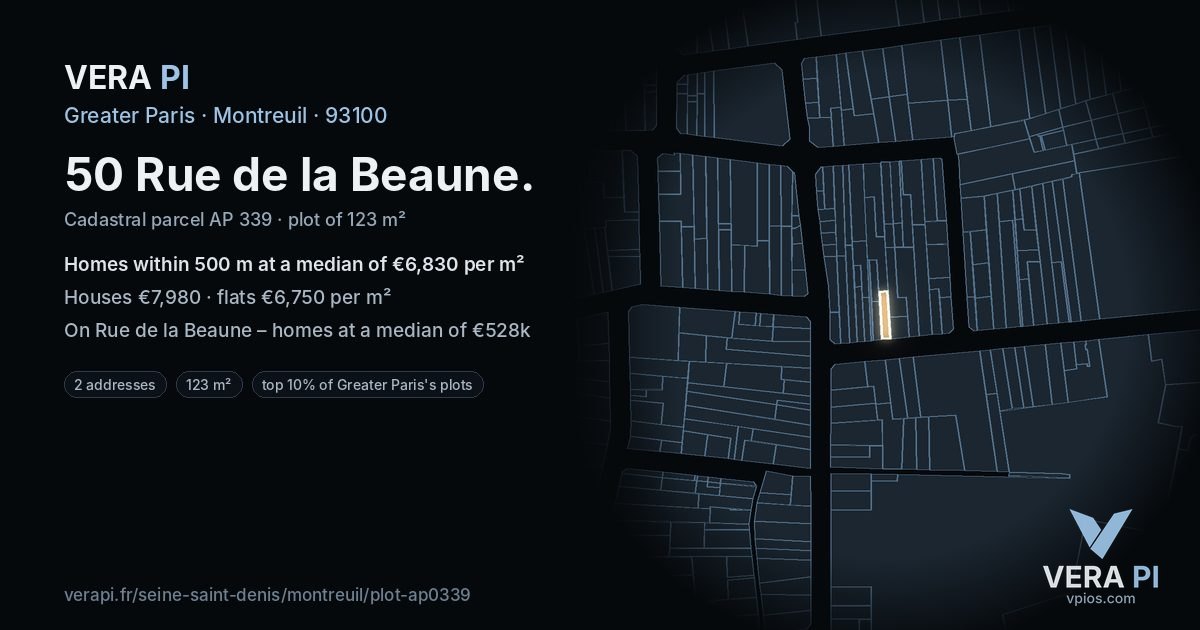 50 Rue de la Beaune, Montreuil at night – the plot lit, the parcels around coloured by the prices near them