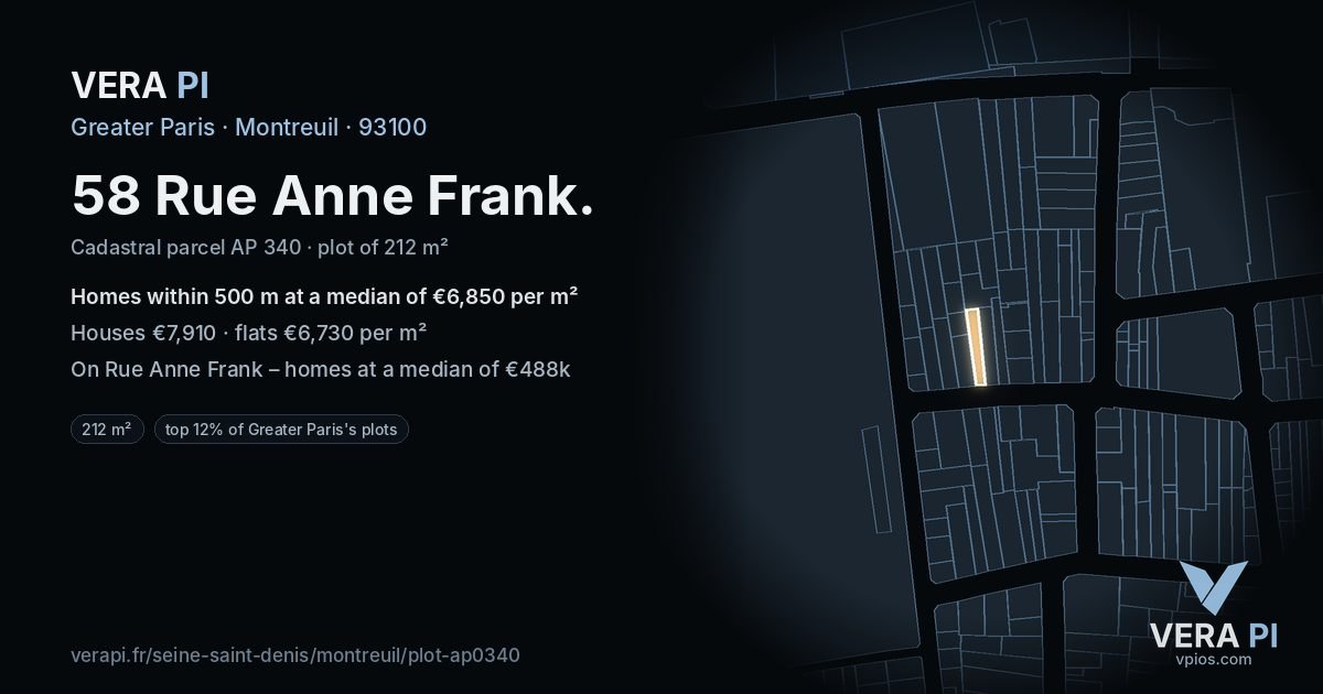 58 Rue Anne Frank, Montreuil at night – the plot lit, the parcels around coloured by the prices near them