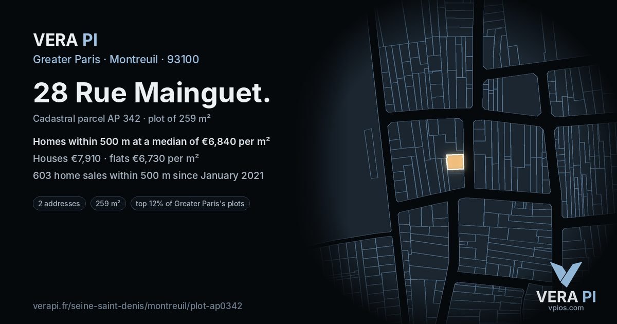 28 Rue Mainguet, Montreuil at night – the plot lit, the parcels around coloured by the prices near them