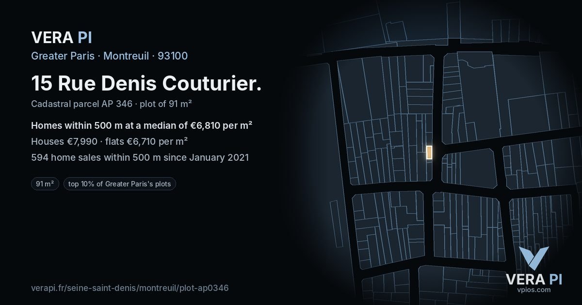 15 Rue Denis Couturier, Montreuil at night – the plot lit, the parcels around coloured by the prices near them