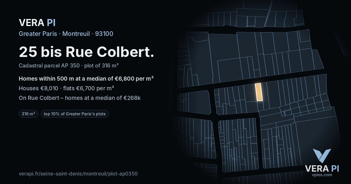 25 bis Rue Colbert, Montreuil at night – the plot lit, the parcels around coloured by the prices near them