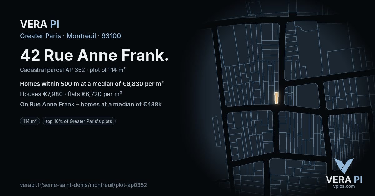 42 Rue Anne Frank, Montreuil at night – the plot lit, the parcels around coloured by the prices near them