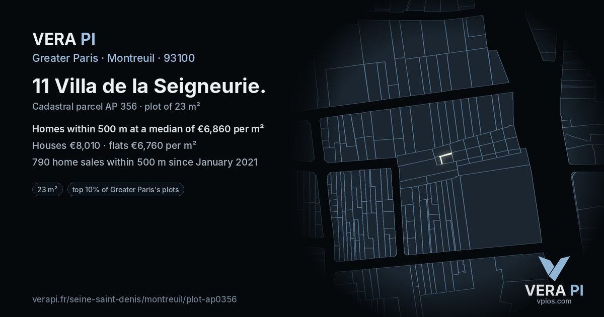 11 Villa de la Seigneurie, Montreuil at night – the plot lit, the parcels around coloured by the prices near them