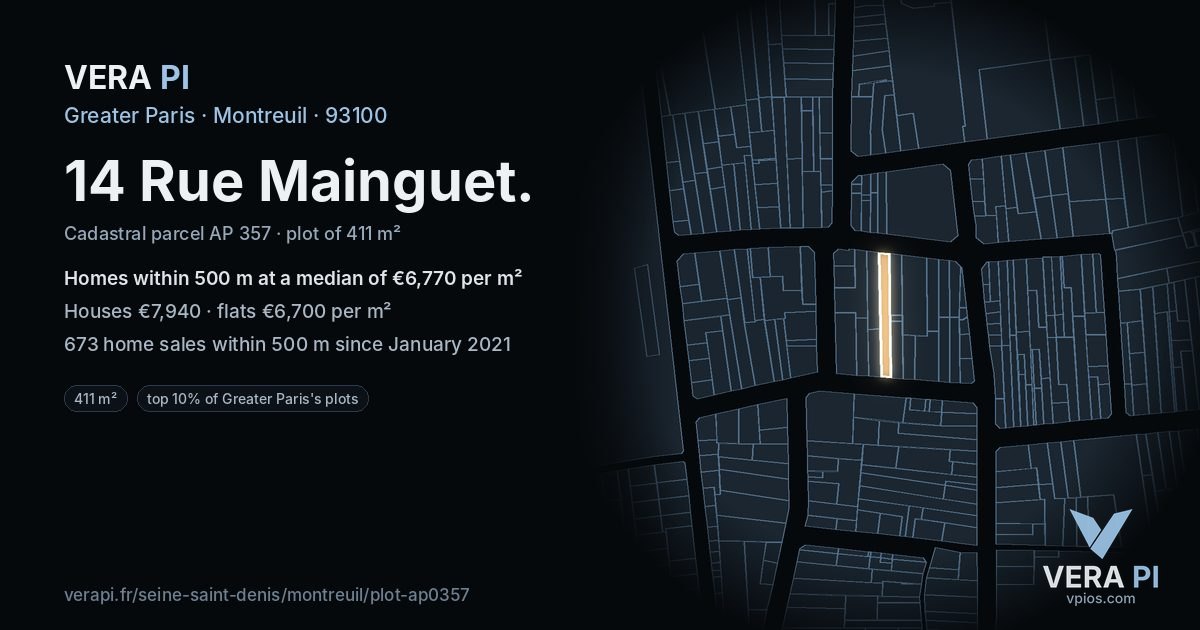 14 Rue Mainguet, Montreuil at night – the plot lit, the parcels around coloured by the prices near them