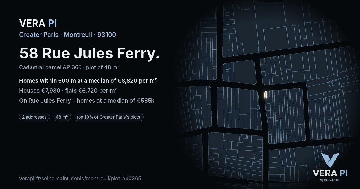 58 Rue Jules Ferry, Montreuil at night – the plot lit, the parcels around coloured by the prices near them