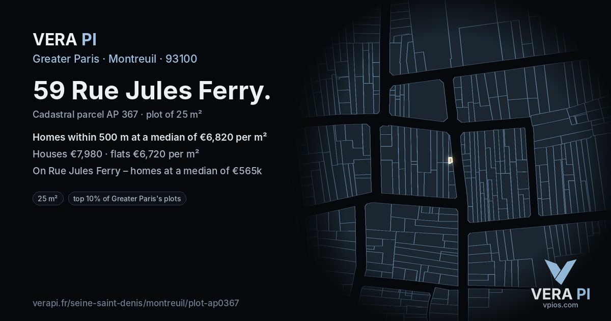 59 Rue Jules Ferry, Montreuil at night – the plot lit, the parcels around coloured by the prices near them