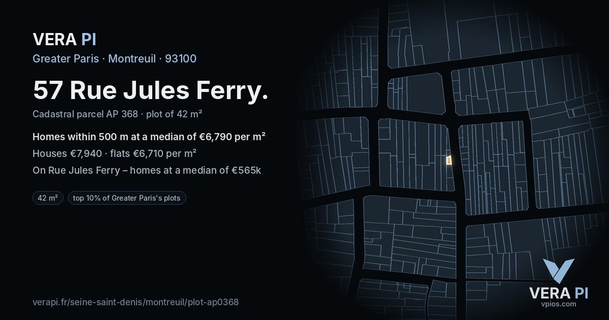 57 Rue Jules Ferry, Montreuil at night – the plot lit, the parcels around coloured by the prices near them