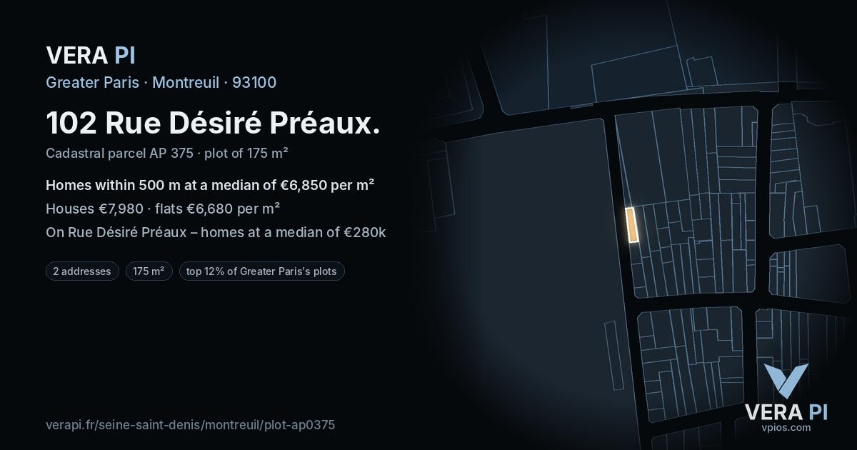 102 Rue Désiré Préaux, Montreuil at night – the plot lit, the parcels around coloured by the prices near them