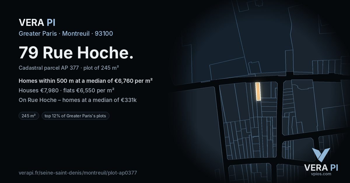 79 Rue Hoche, Montreuil at night – the plot lit, the parcels around coloured by the prices near them