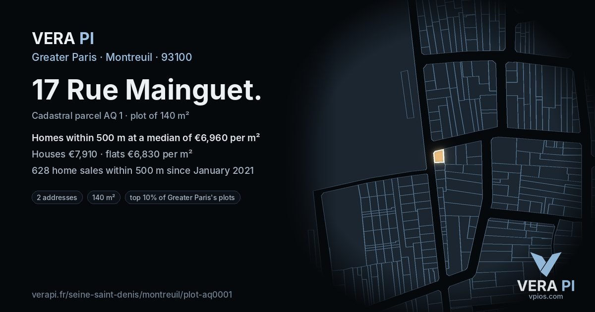 17 Rue Mainguet, Montreuil at night – the plot lit, the parcels around coloured by the prices near them