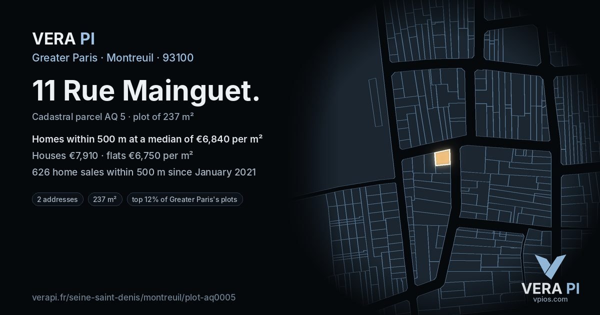 11 Rue Mainguet, Montreuil at night – the plot lit, the parcels around coloured by the prices near them