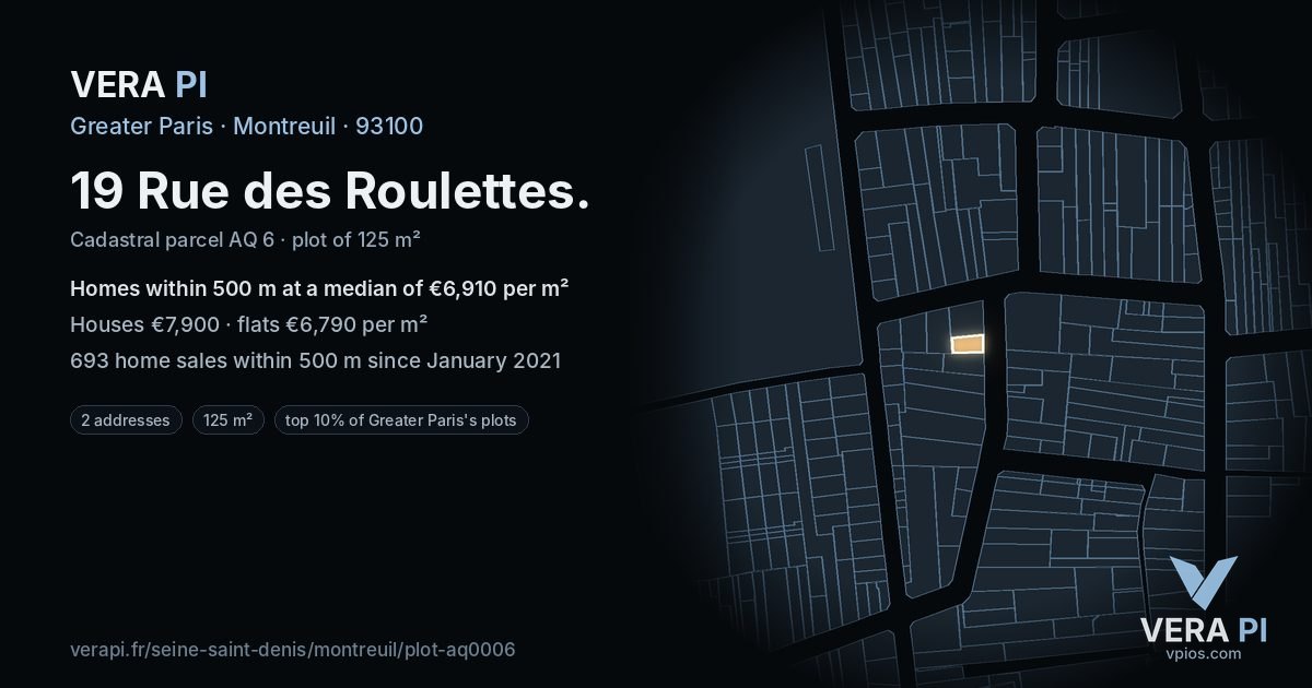 19 Rue des Roulettes, Montreuil at night – the plot lit, the parcels around coloured by the prices near them
