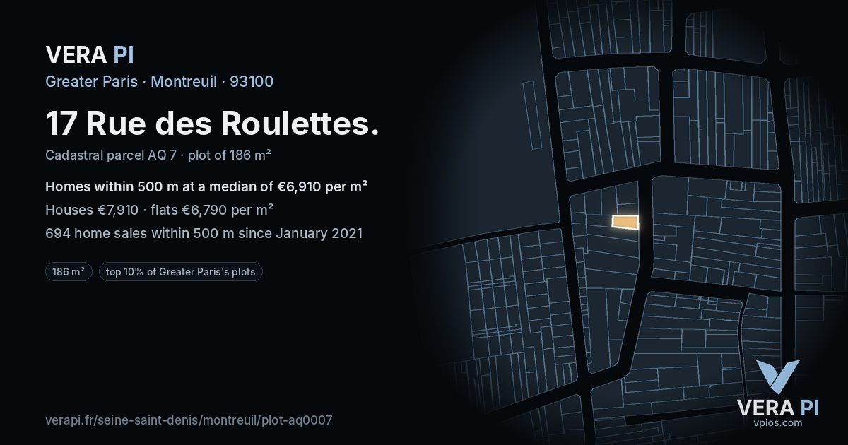 17 Rue des Roulettes, Montreuil at night – the plot lit, the parcels around coloured by the prices near them