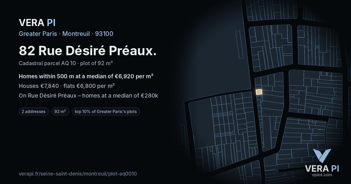 82 Rue Désiré Préaux, Montreuil at night – the plot lit, the parcels around coloured by the prices near them