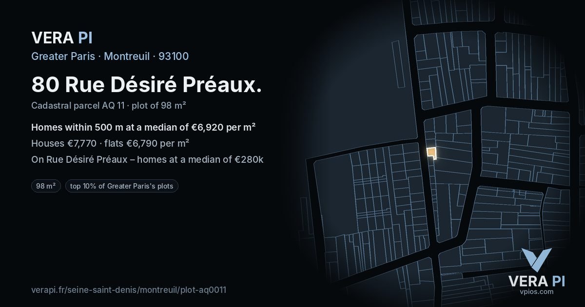80 Rue Désiré Préaux, Montreuil at night – the plot lit, the parcels around coloured by the prices near them