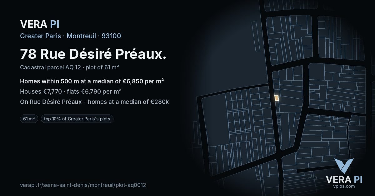 78 Rue Désiré Préaux, Montreuil at night – the plot lit, the parcels around coloured by the prices near them