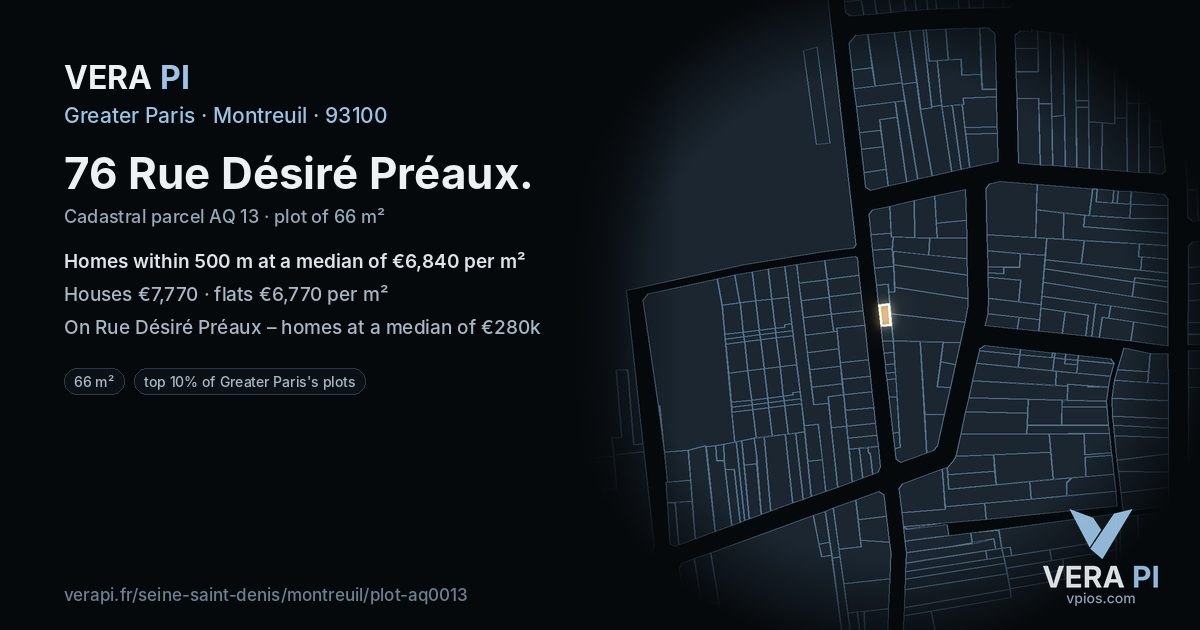 76 Rue Désiré Préaux, Montreuil at night – the plot lit, the parcels around coloured by the prices near them