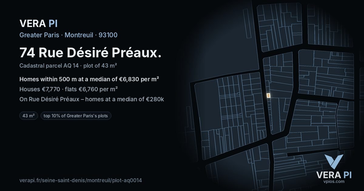 74 Rue Désiré Préaux, Montreuil at night – the plot lit, the parcels around coloured by the prices near them
