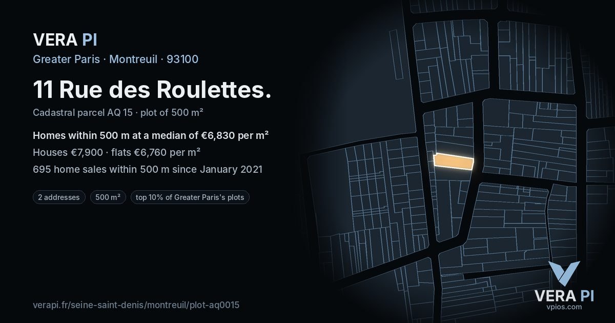 11 Rue des Roulettes, Montreuil at night – the plot lit, the parcels around coloured by the prices near them