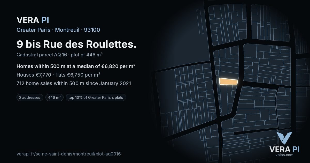 9 bis Rue des Roulettes, Montreuil at night – the plot lit, the parcels around coloured by the prices near them