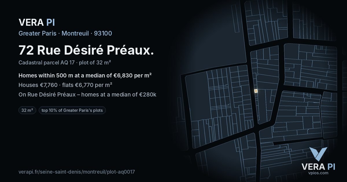 72 Rue Désiré Préaux, Montreuil at night – the plot lit, the parcels around coloured by the prices near them