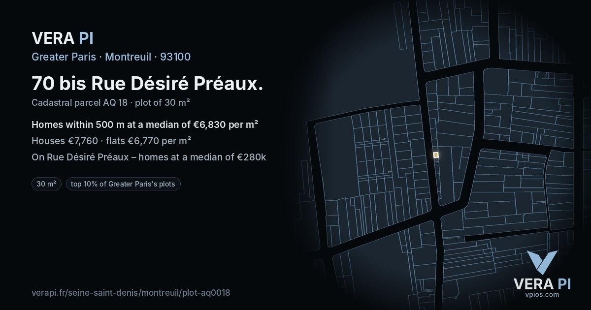 70 bis Rue Désiré Préaux, Montreuil at night – the plot lit, the parcels around coloured by the prices near them
