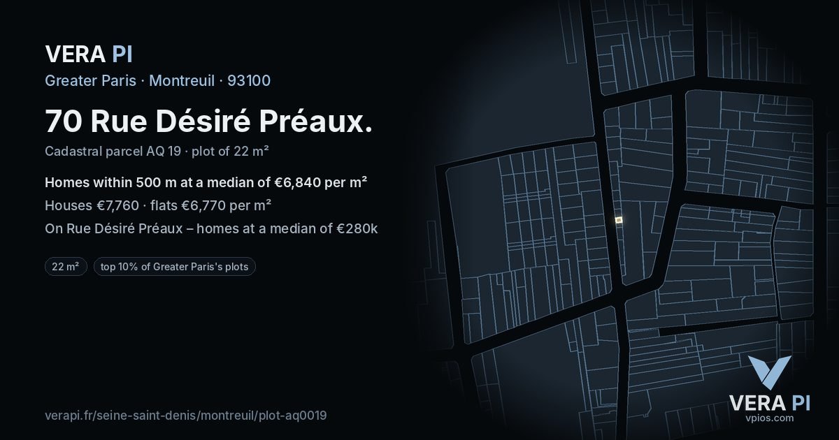70 Rue Désiré Préaux, Montreuil at night – the plot lit, the parcels around coloured by the prices near them