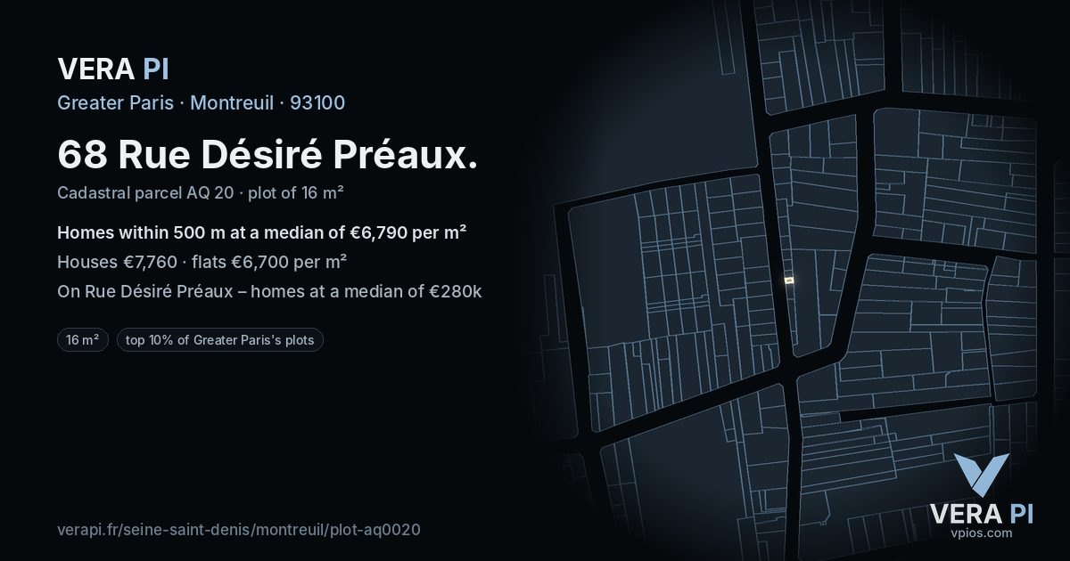 68 Rue Désiré Préaux, Montreuil at night – the plot lit, the parcels around coloured by the prices near them