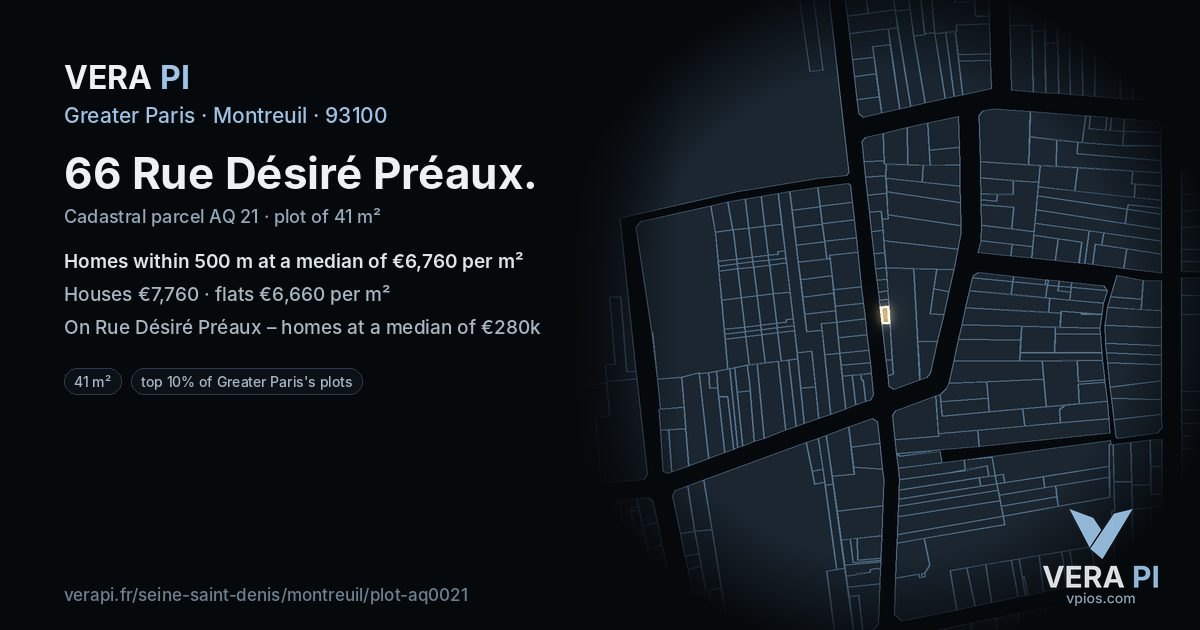 66 Rue Désiré Préaux, Montreuil at night – the plot lit, the parcels around coloured by the prices near them