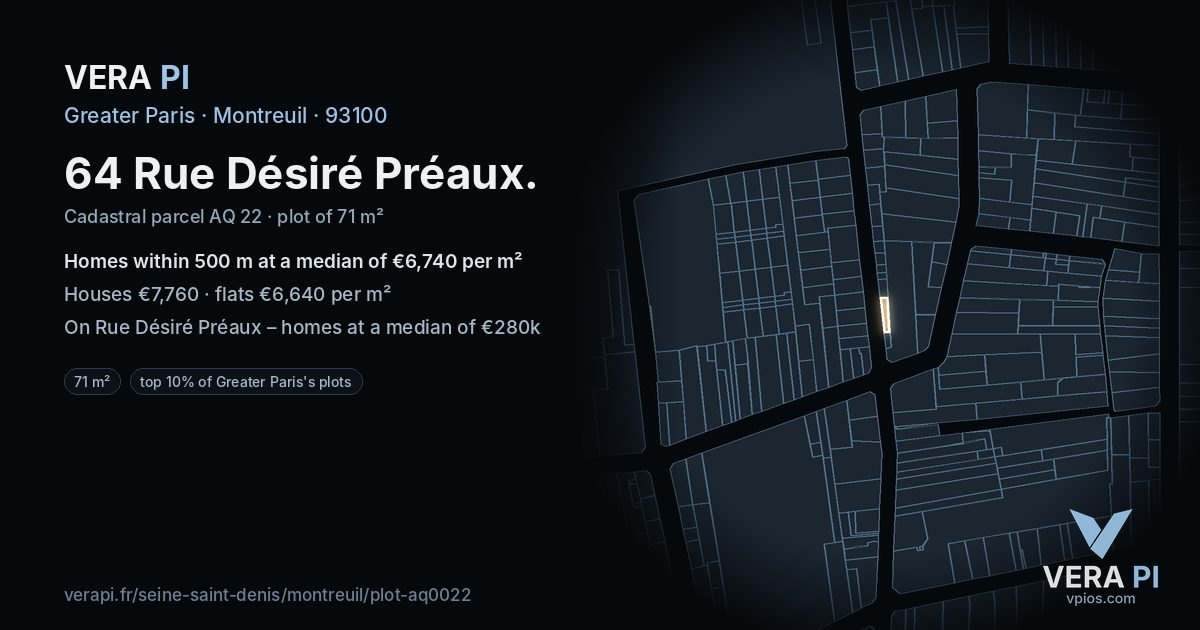 64 Rue Désiré Préaux, Montreuil at night – the plot lit, the parcels around coloured by the prices near them