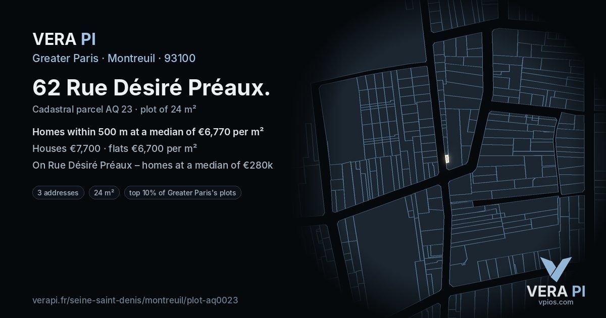 62 Rue Désiré Préaux, Montreuil at night – the plot lit, the parcels around coloured by the prices near them