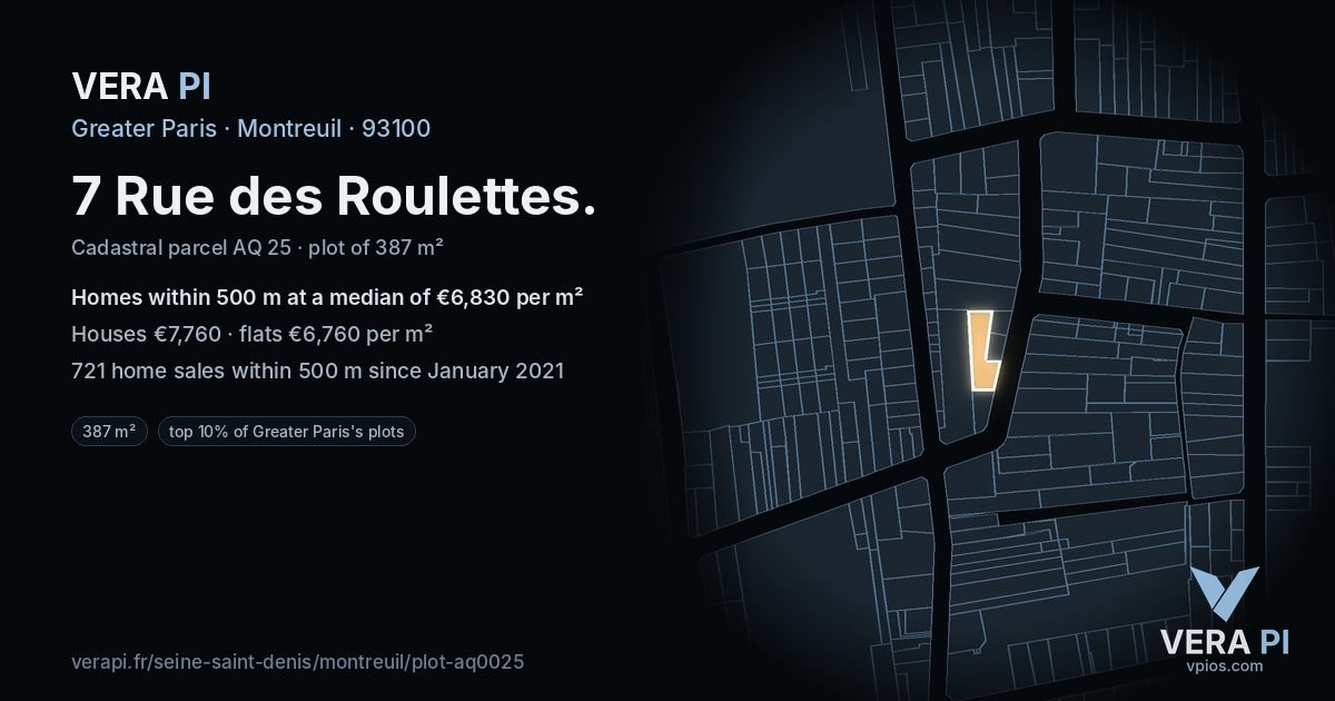 7 Rue des Roulettes, Montreuil at night – the plot lit, the parcels around coloured by the prices near them