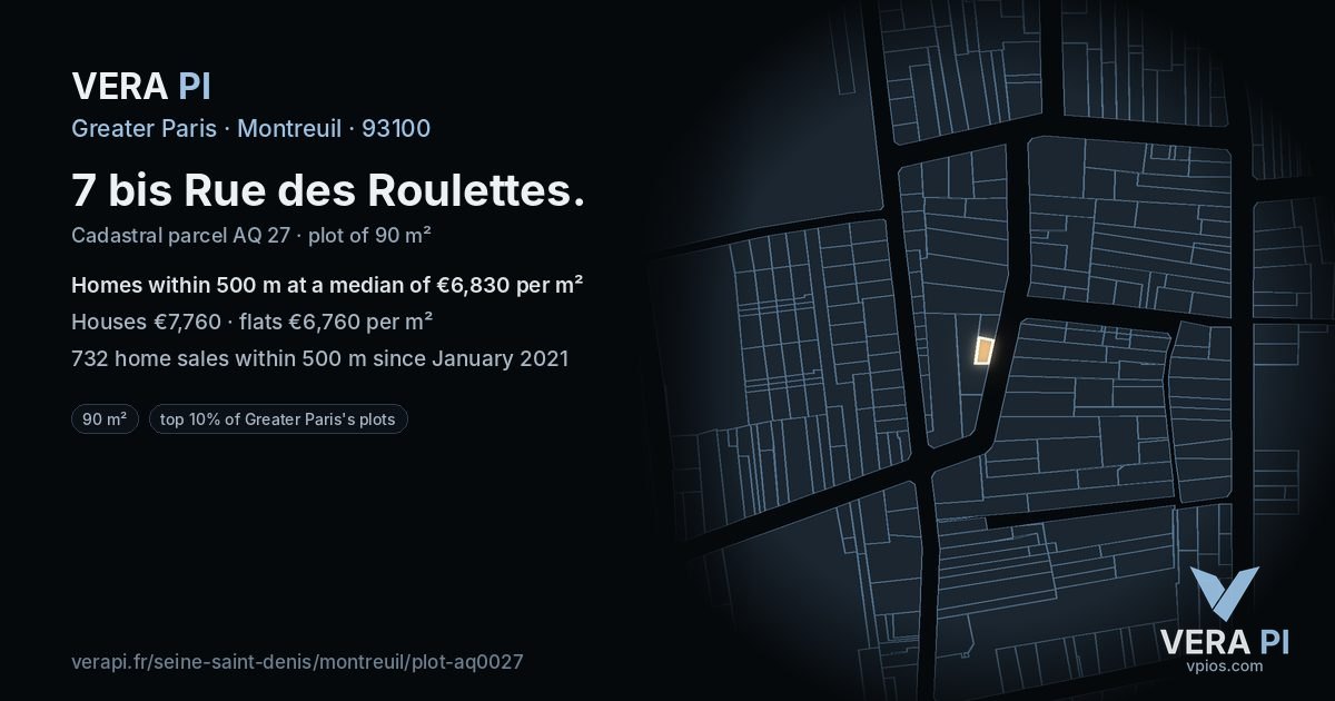 7 bis Rue des Roulettes, Montreuil at night – the plot lit, the parcels around coloured by the prices near them