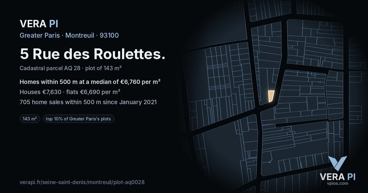 5 Rue des Roulettes, Montreuil at night – the plot lit, the parcels around coloured by the prices near them