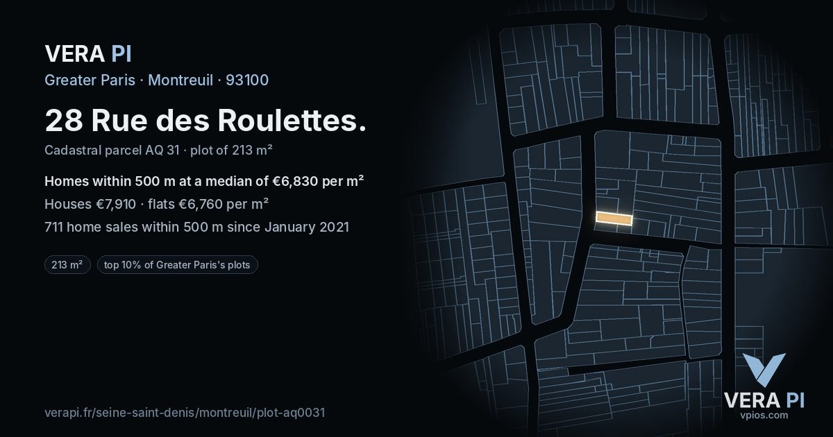 28 Rue des Roulettes, Montreuil at night – the plot lit, the parcels around coloured by the prices near them