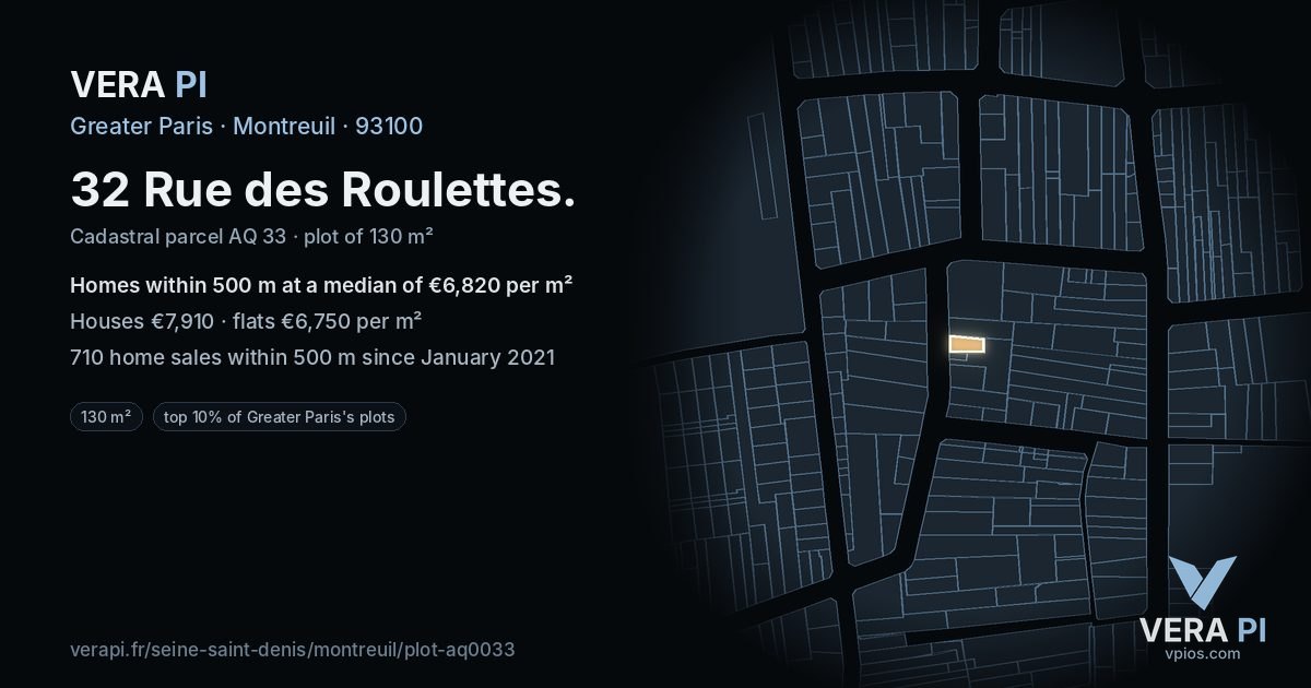 32 Rue des Roulettes, Montreuil at night – the plot lit, the parcels around coloured by the prices near them