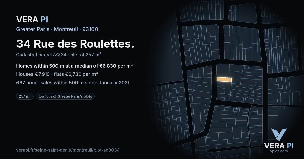 34 Rue des Roulettes, Montreuil at night – the plot lit, the parcels around coloured by the prices near them