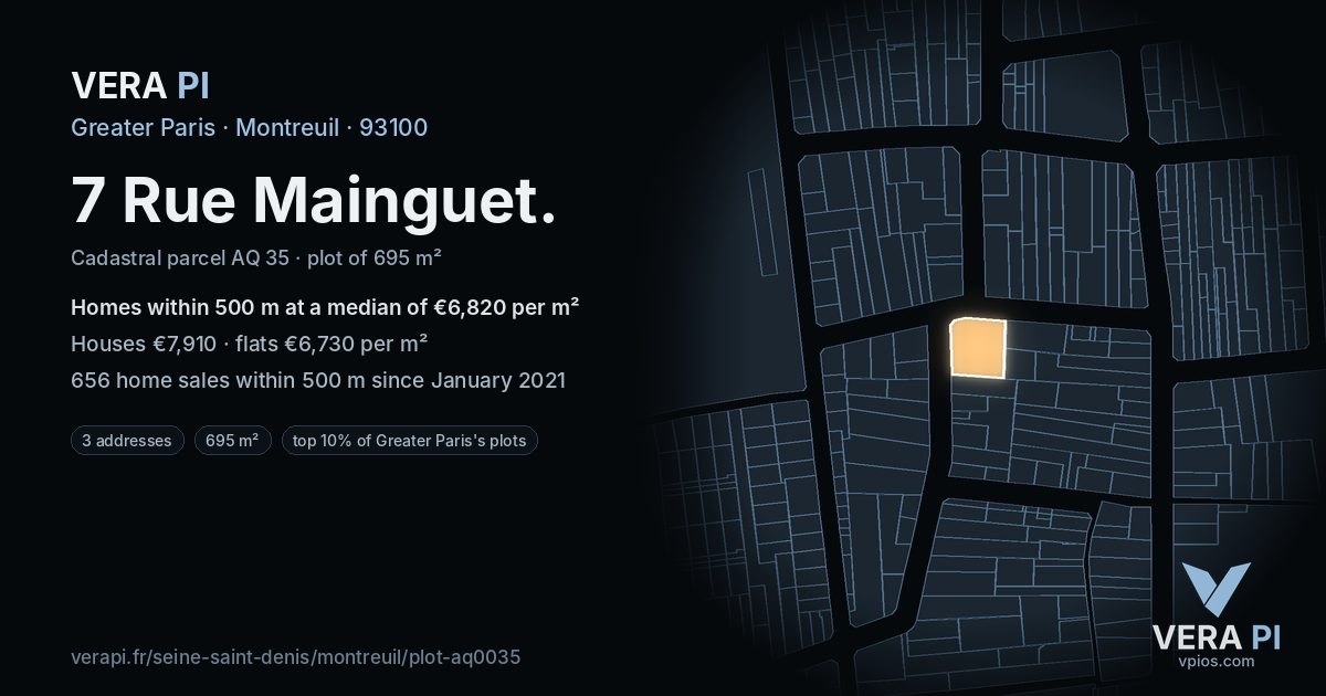 7 Rue Mainguet, Montreuil at night – the plot lit, the parcels around coloured by the prices near them