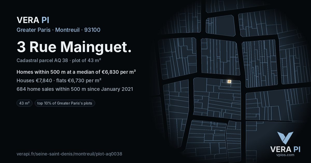 3 Rue Mainguet, Montreuil at night – the plot lit, the parcels around coloured by the prices near them