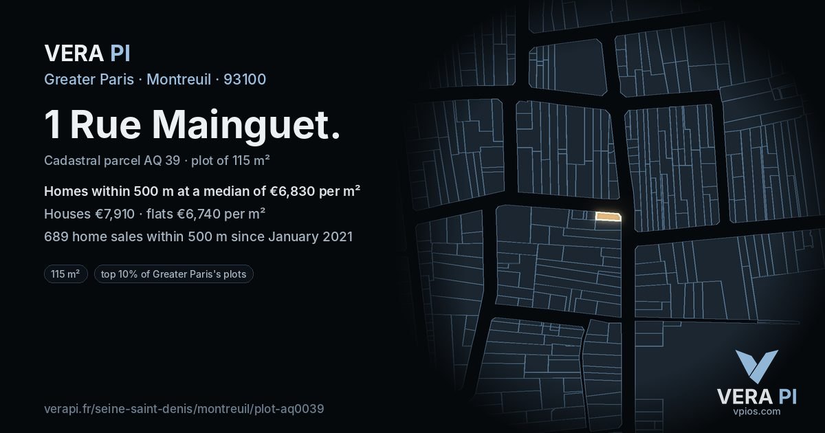 1 Rue Mainguet, Montreuil at night – the plot lit, the parcels around coloured by the prices near them