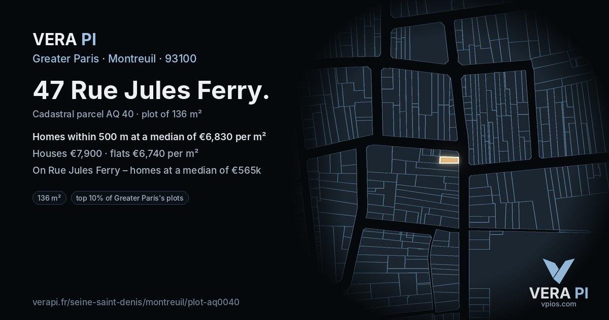 47 Rue Jules Ferry, Montreuil at night – the plot lit, the parcels around coloured by the prices near them