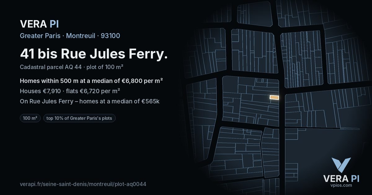 41 bis Rue Jules Ferry, Montreuil at night – the plot lit, the parcels around coloured by the prices near them