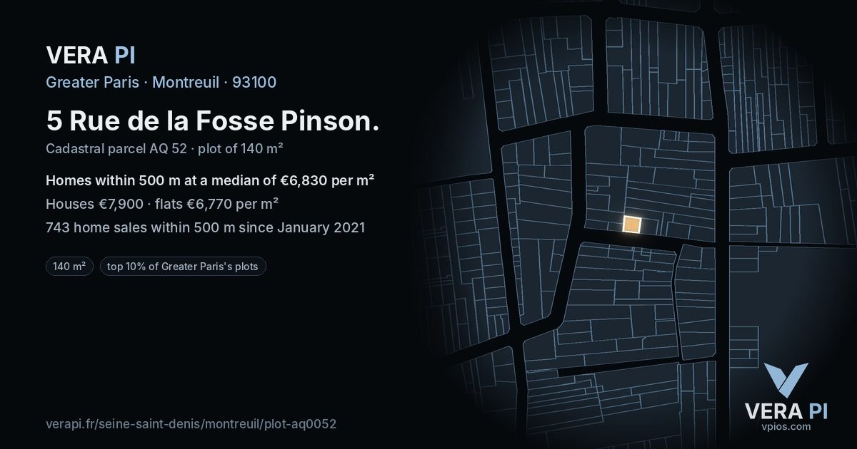 5 Rue de la Fosse Pinson, Montreuil at night – the plot lit, the parcels around coloured by the prices near them