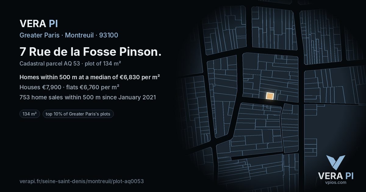 7 Rue de la Fosse Pinson, Montreuil at night – the plot lit, the parcels around coloured by the prices near them